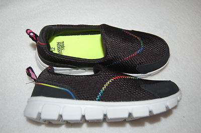 Girls Casual Shoes BLACK SLIP ON Lt Weight RAINBOW STITCH Mesh 12 13 1 2 3 4 5 6