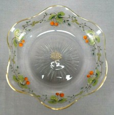 Antique Bohemian Hand Painted Strawberry Vine & Gold Ruffled Cut Glass Bowl