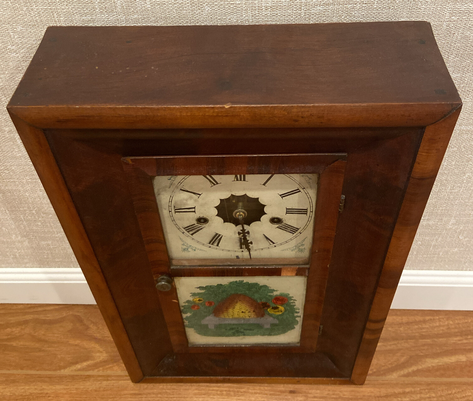 Antique New Haven Miniature Ogee Clock With Beehive Painted Glass