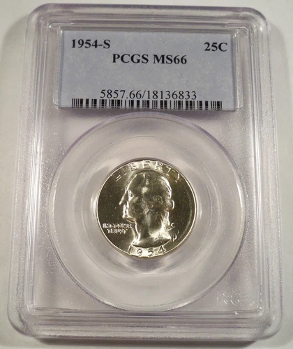 1954-S PCGS MS66 WASHINGTON QUARTER VERY WHITE GREAT LUSTER 25c MS 66