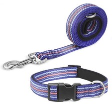 Dark Blue L Reflective Dog Collar, Leash Set, Nylon, Heavy-Duty Steel D-Ring