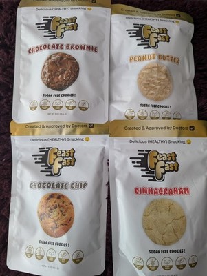 Feast Fast Sugar-Free Cookies: Keto 4-Pack in Chocolate Chip, Brownie, Pea. 3 Oz