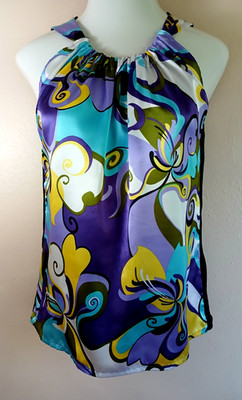 August Silk L Sleeveless Party Top Blue Satin Swirl Front Black Knit Back