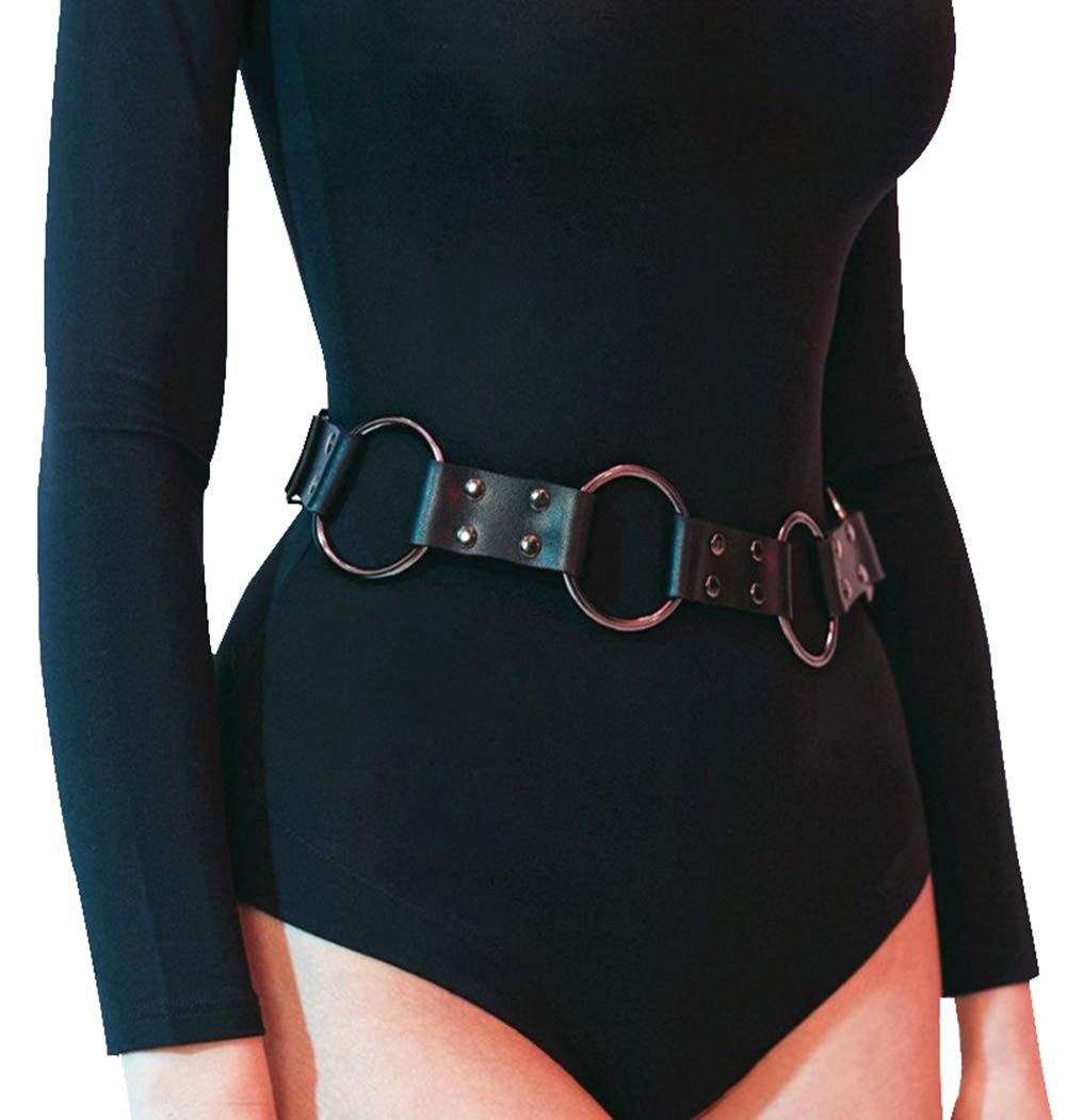 Women's Punk Rocker Grommet Leather Waist Belts with Metal Chains Tassel Adju...