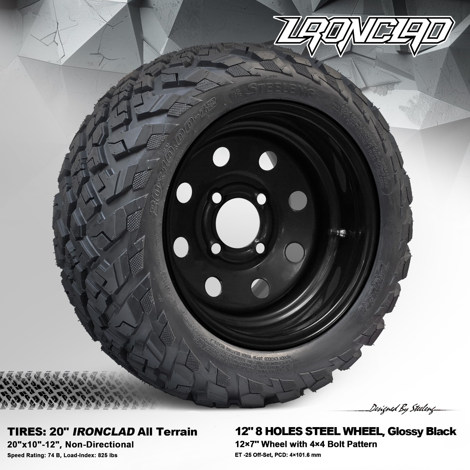4x GOLF CART 12" BLACK 8-HOLES STEEL WHEELS and 20" IRONCLAD