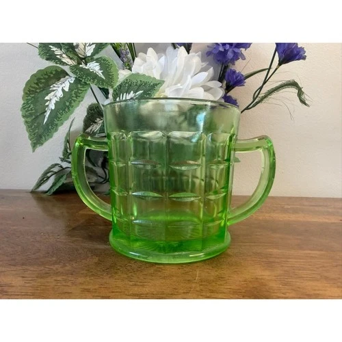 Hazel Atlas Uranium Glass Double Handled Mug Green Depression Glass Loving Cup
