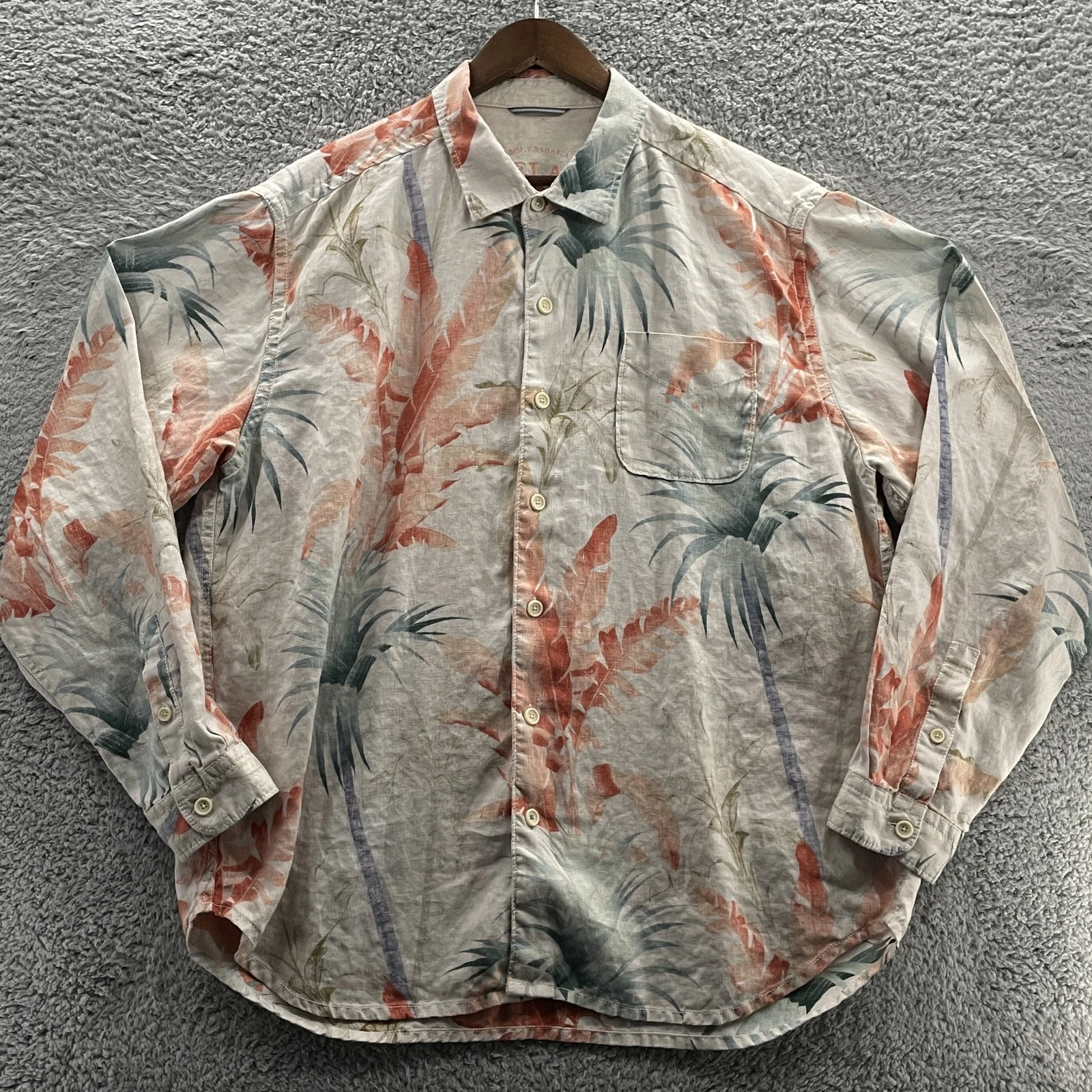 Tommy Bahama Shirt Mens XL Beige Linen Palm Tree Hawaiian Button Up Relax Fit