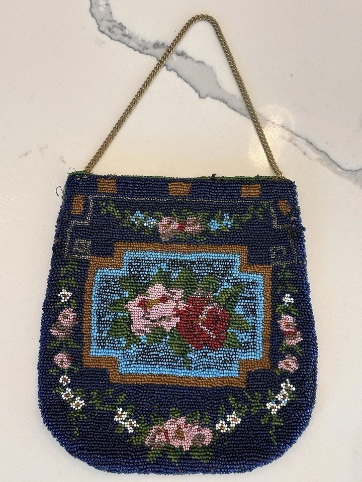 Cartera antigua Art Deco vintage con cuentas con patrón floral para damas, estilo genuino raro Foto 2 de 4