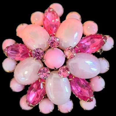 Exquisite 1940s Pink Givre Glass Cabachons & Marquise Rhinestones Floral Brooch 