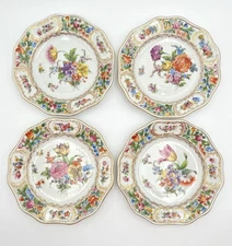 Antique Carl Thieme Dresden Reticulated Cabinet Plates Set of 4 Rococo Florals