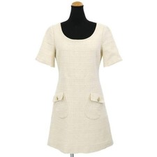 Gucci 631480 Dress Cotton Wool Ivory 44 Womens Short Sleeve Lined Pockets