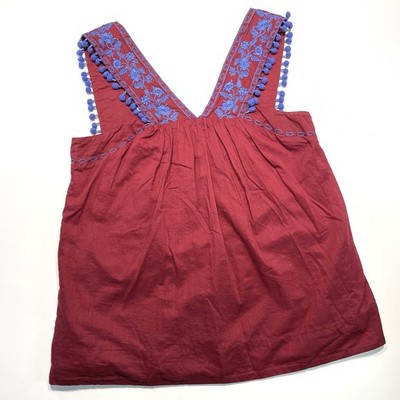 J. Crew Women s Sleeveless Embroidered Top Pom Trim Maroon Blue Cotton Size 8