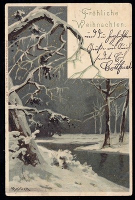 Postcard Christmas: winter landscape with oaks and river, Aurich 23.12.1905