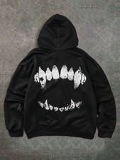 Men's Gothic Teeth Print Hooded Sweatshirt - Oversized Loose Hoodie Tops