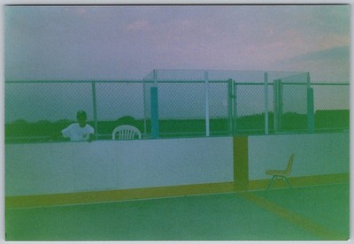 Vtg Color Snapshot Man At Outdoor Sports Court Hockey Rink With Chairs 1990s