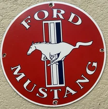Vintage Ford Mustang Advertising Sign 11 3/4" Old Fomoco Round Metal Enamel Sign