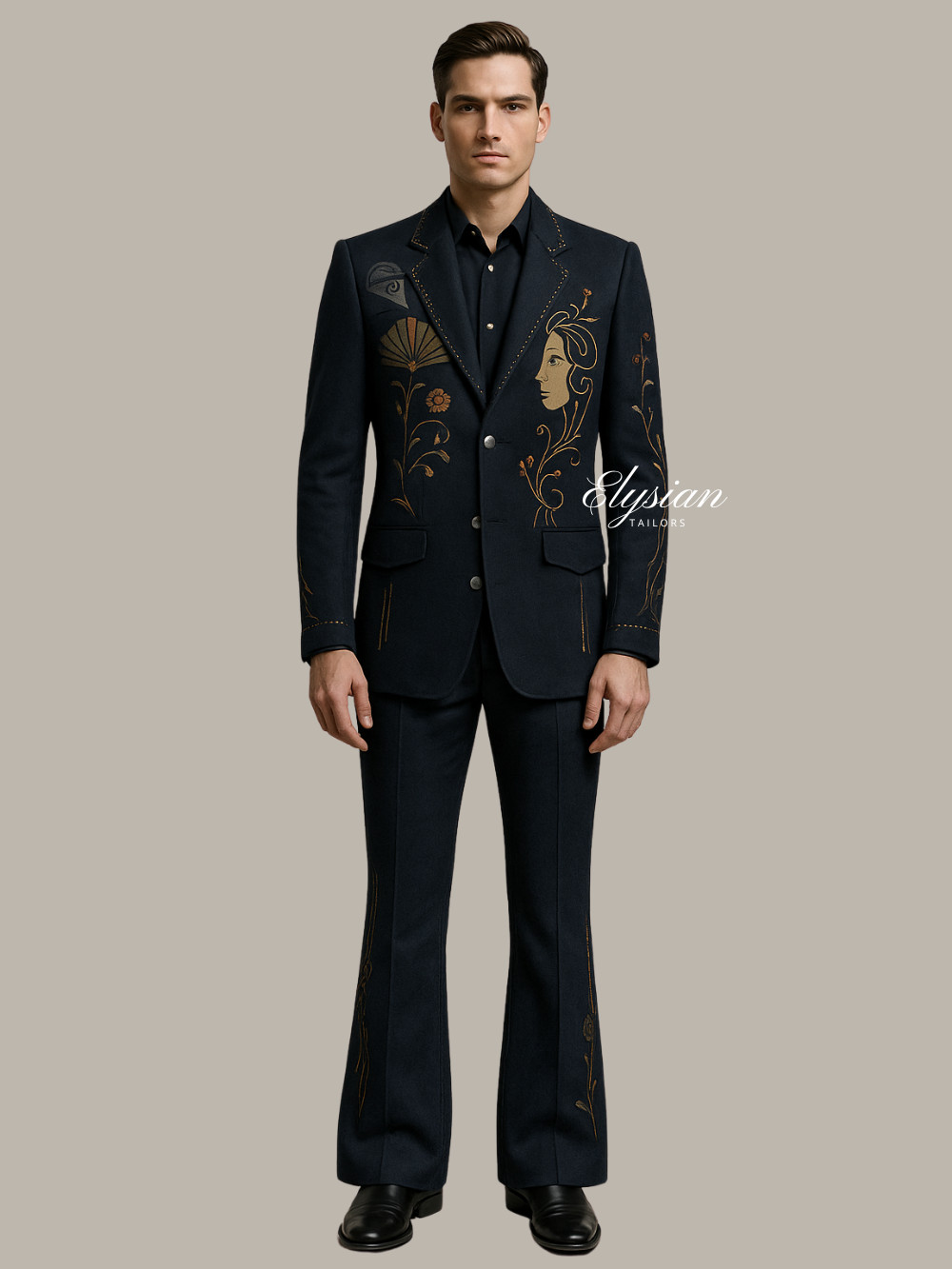 Midnight Mosaic Embroidered Suit with Artistic Florals and Geometric Motifs image 4