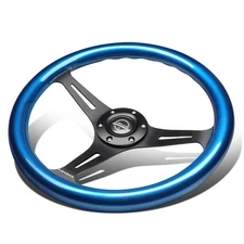 NRG ST-015BK-BL 350MM 2"DEEP DISH ALUMINUM SPOKE BLUE WOOD GRIP STEERING WHEEL