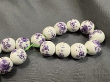 Ceramic Beads, White Rounds With Purple Flowers, 8mm, 21 Count, 6.5 Strand