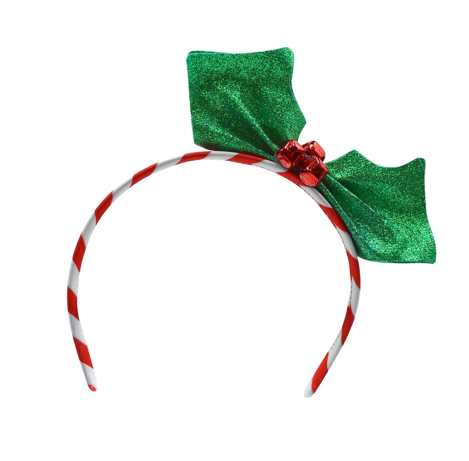 Diadema de acebo de Navidad hojas verdes brillantes tintineo campanas accesorio de vacaciones Foto 2 de 4