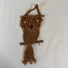 Vtg 1970s Boho 15" Macrame Owl on Branch Wall Hanging Decor Folk Art Bead Eyes