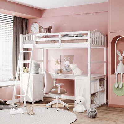 Twin size Loft Bed with Drawers, Cabinet, Shelf & Desk For Kids Adult Bedroom US