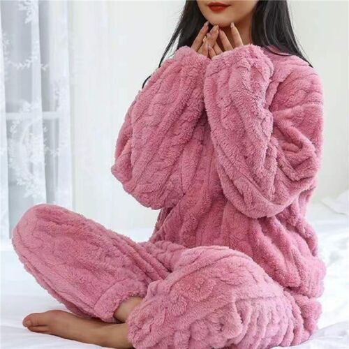 Damen Fleece Pyjama Set weich warm Rundhalsausschnitt Oberteil Hose Loungewear Nachtwäsche USA - Bild 26 von 30
