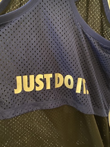 NIKE Mesh Racerback GYM Tank Large White Logo Graphic726108-455 Blue | Women Med - Picture 5 of 6