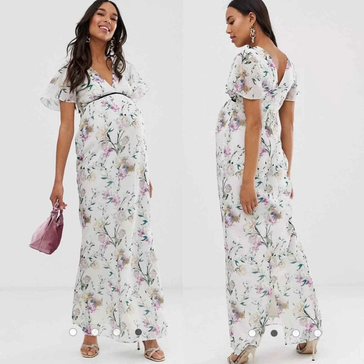 Hope & Ivy Maternity Printed Fluted Sleeve Maxi Dress With Velvet Trim