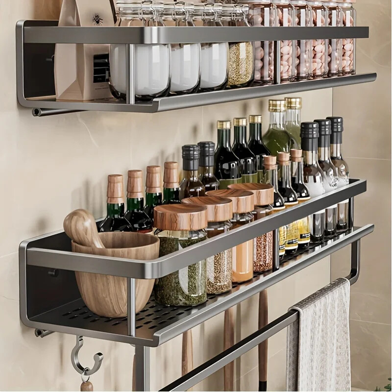 Aluminum Wall-Mounted Shelf Multifunctional Kitchen Spice Storage Rack