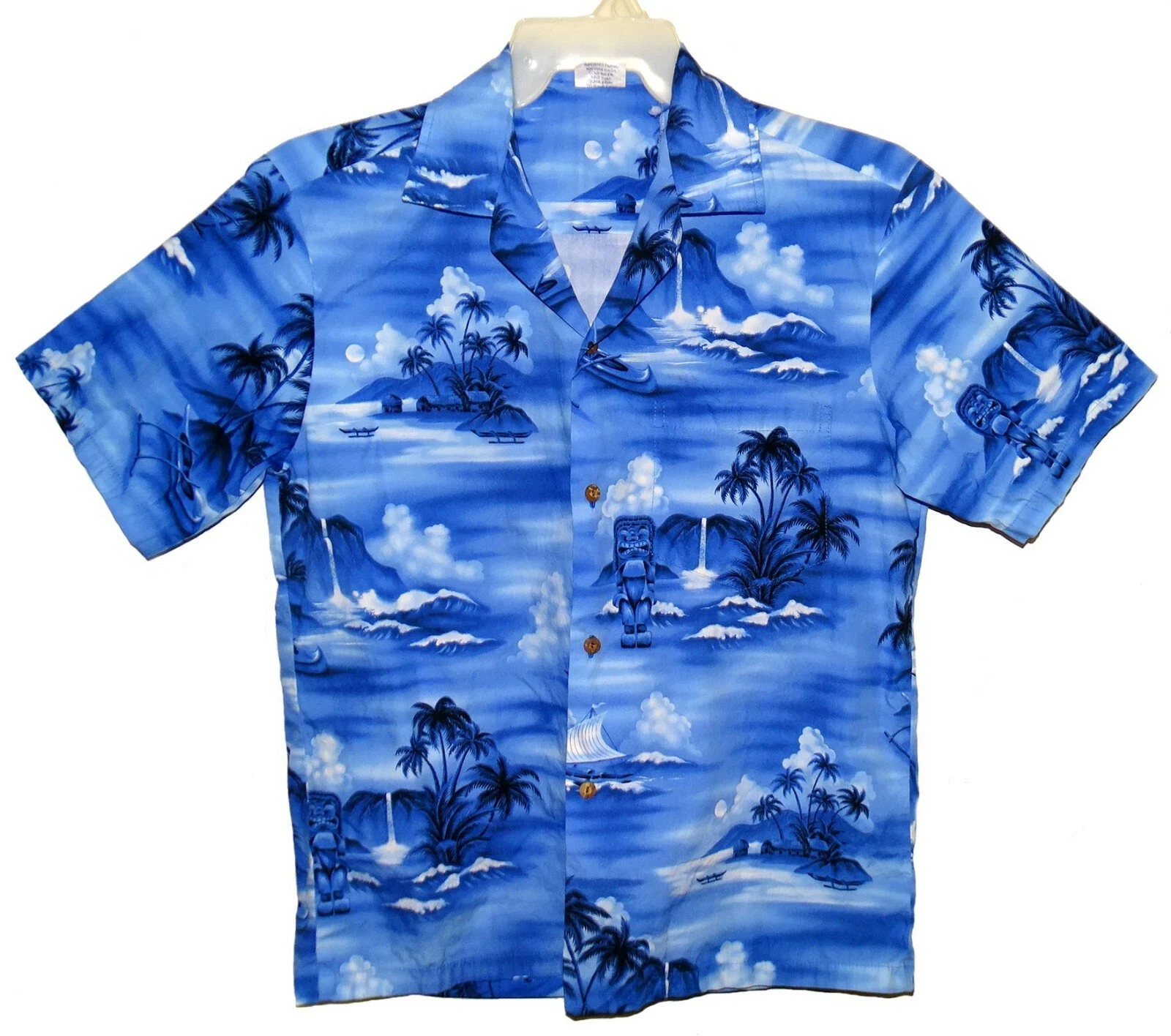 Sz M Aloha Republic Hawaiian Shirt with Tiki & Tropical Palm Trees Cotton Blue