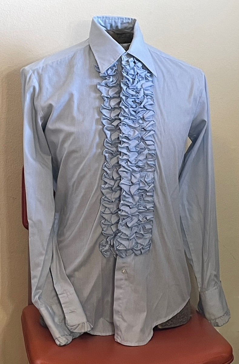 Ruffle Front 1970s Ruffled Tuxedo Shirt Vtg 70s After Six Blue