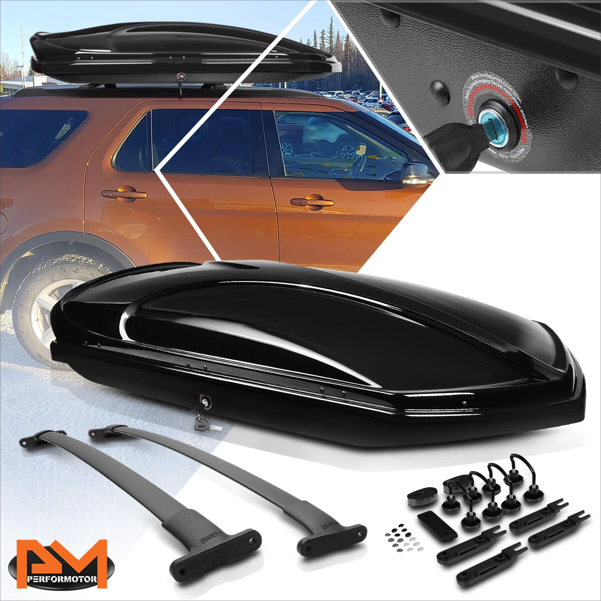 For 16 19 Ford Explorer Aluminum Cross Bar Top Roof Rack Black Storage Box Keys