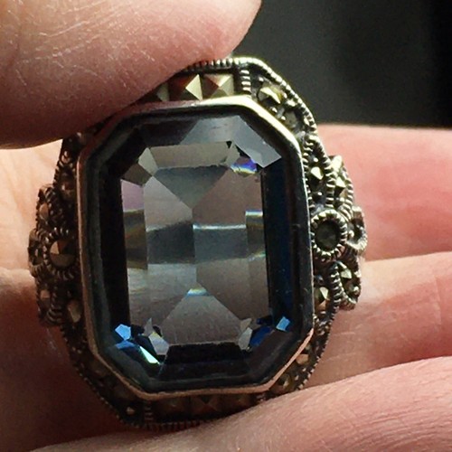 Anello Art Decò Argento Sterling 925 Simulato Pietra Preziosa Blu Marcasite Misura 4,5 - Foto 4 di 19