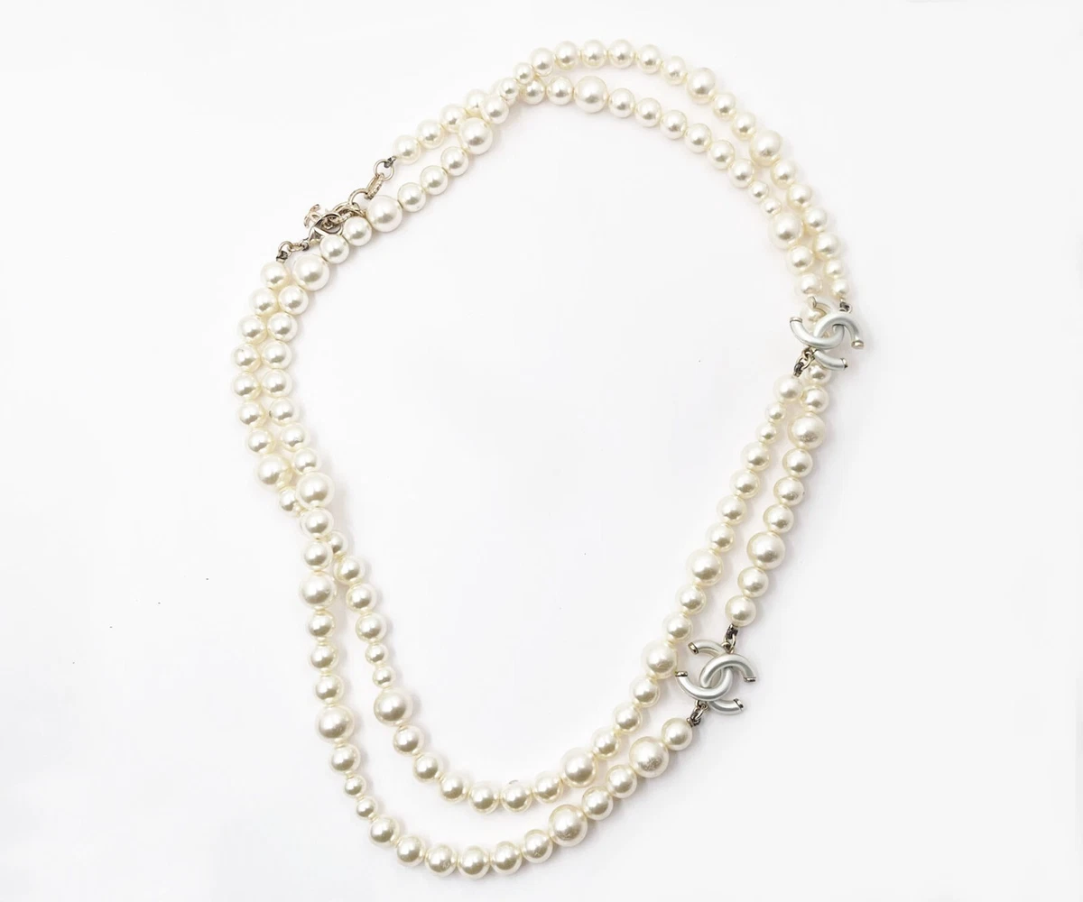 Chanel White Enamel CC Pearl Necklace
