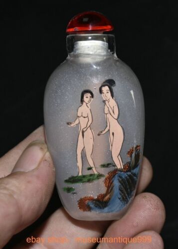 Bottiglia 3,2"" antico smalto cinese colorato bella donna nuda tabacchiera - Foto 1 di 7