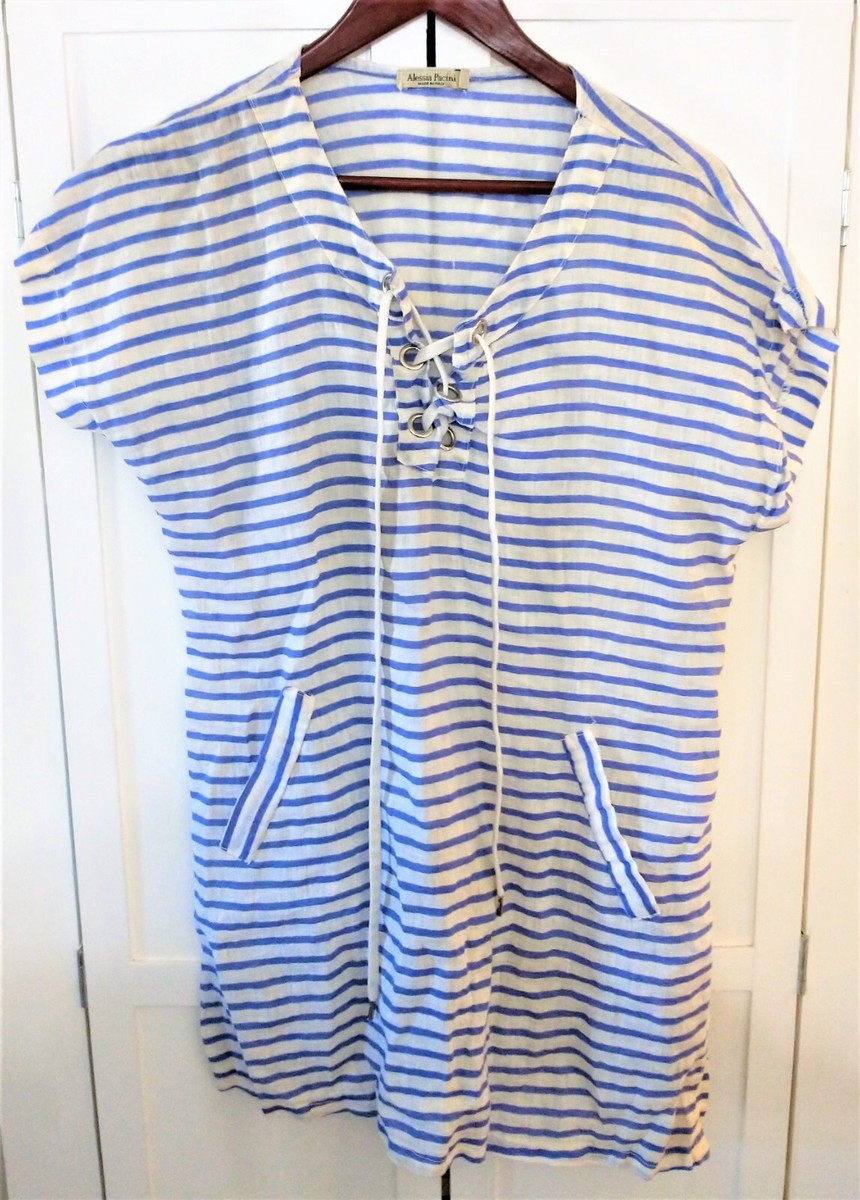 Alessia Pacini Blue White Stripe Linen Tunic Top/Dress Made In Italy Sz S  EUC
