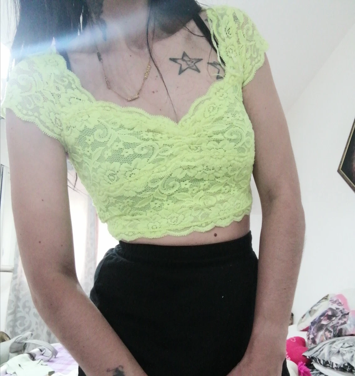 Top Crop Donna corta maglietta maniche corte giallo fluo s pizzo
