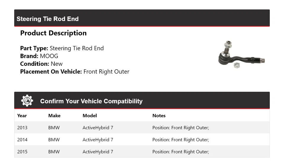 Para BMW ActiveHybrid 2013-2015 7 extremo de barra de dirección delantero derecho exterior MOOG Foto 2 de 4