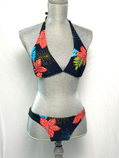 2pc Swimsuit Black Floral Beads Sequins Trian...