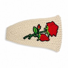 New Red Rose Embroidered Knit Headband Cream Beige Ear Warmer Winter Boho Floral
