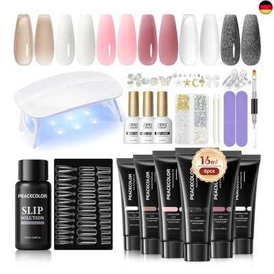 Poly Nagelgel Starter Set, 6 Farben Poly Nagelgel mit UV Lampe, Slip Solution, T