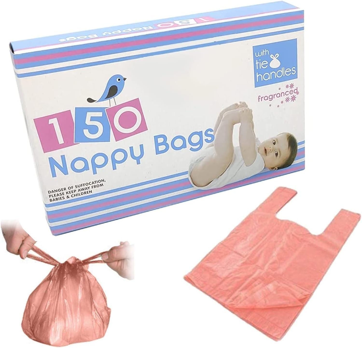 150 Pack Nappy Fragranced Bags - Tie Handle Baby Nappy Changing Disposable Bags | Scented Bin Adult Waste Sacks | Scented For Dog Poo - Image 3