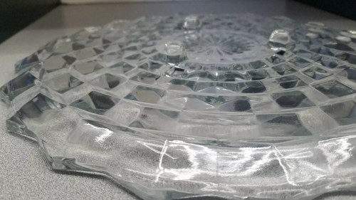 American Whitehall Three-Toed Crystal Glass Cake Plate + Scalloped Rim Indiana - Picture 6 of 7
