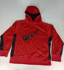 Nike Therma-Fit Fleece Pullover Hoodie Logo Hooded Pockets Red Boy's L Gray Trim
