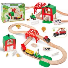 42PCS Wooden Farm Train Set for Toddler, Battery Operated Train Railway Track...