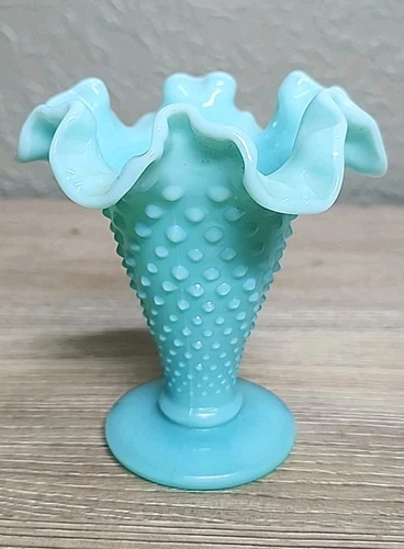 4" Fenton Hobnail Pastel Blue Milk Glass Double Crimped Footed Vase Rim