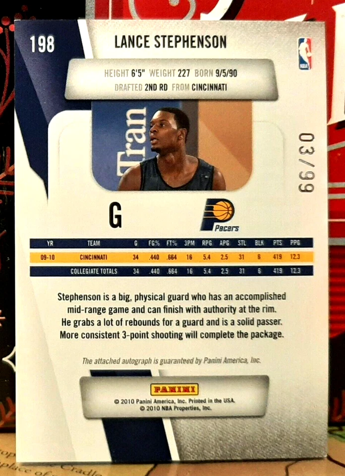 LANCE STEPHENSON /99 RC AUTO ~ 2010-11 PRESTIGE / DRAFT PICKS #198 PACERS HAWKS - Image 2 of 2