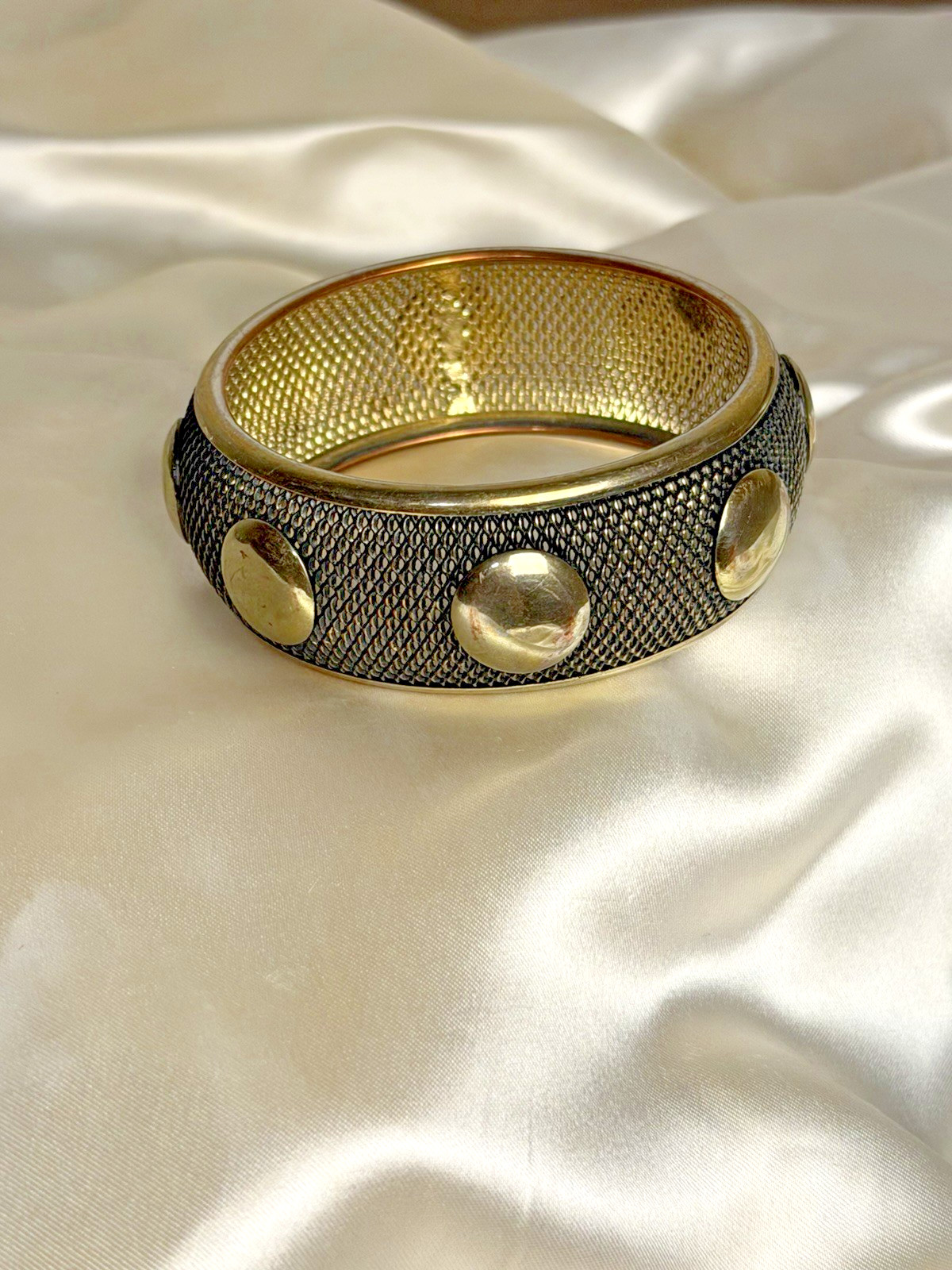 Vintage Gothic Black & Gold Tone Studded Bangle Bracelet – Wide Statement Cuff