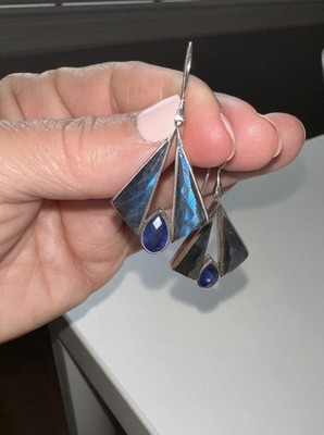 Vintage Sajen Signed  Labradorite Sterling Silver Drop Earrings